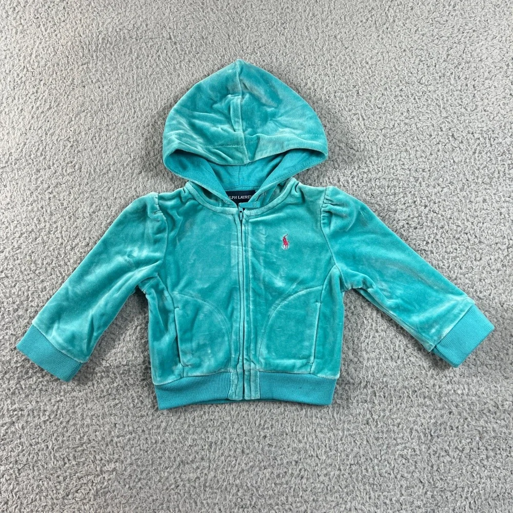 Ralph Lauren Tracksuit Girls 12M Turquoise Velour Hoodie and Pants Set Vintage